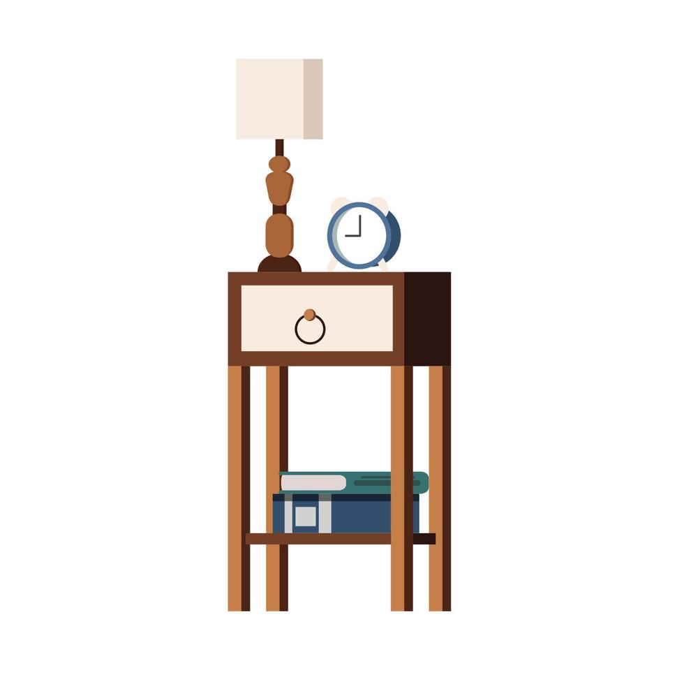 Isolated nightstand with lamp, alarm-clock, books. vector