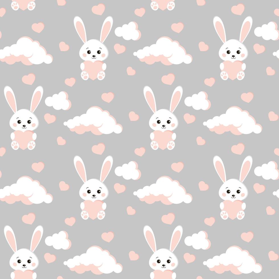 Vector seamless pattern with sweet and cute bunny white rabbit, clouds, pink hearts.