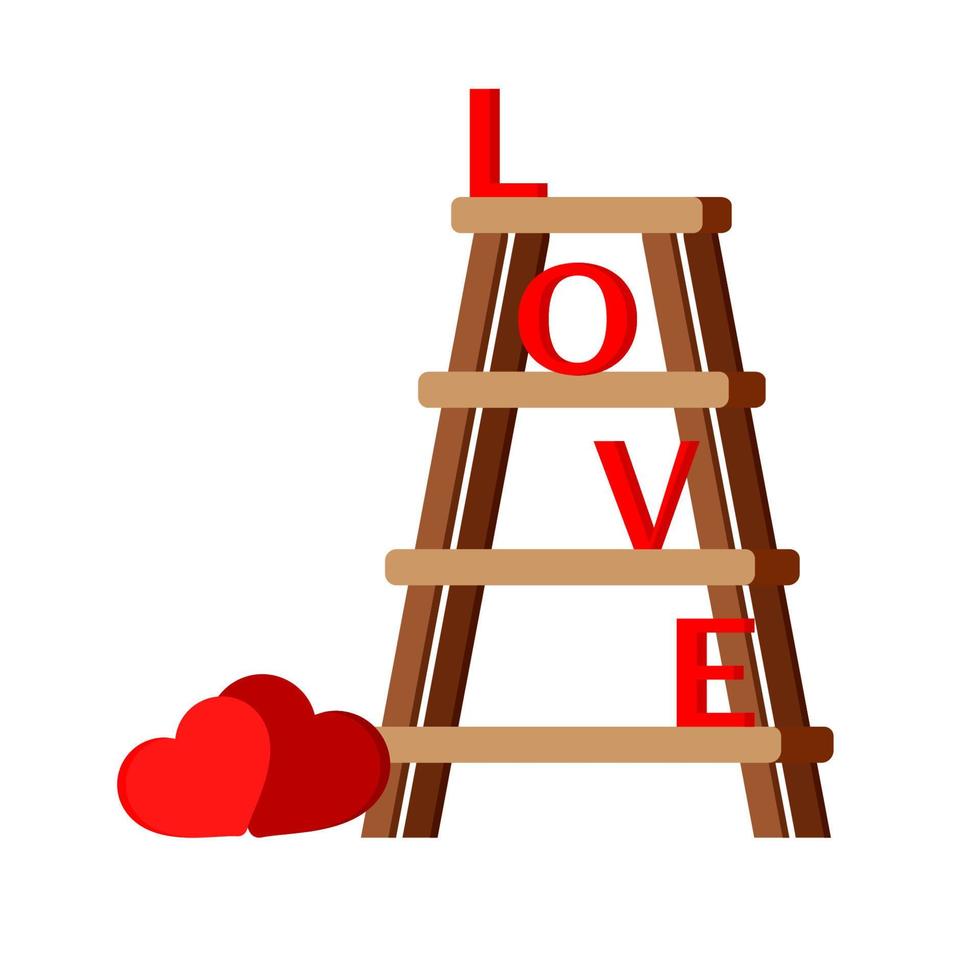 escalera de tijera de madera aislada con letras rojas amor y corazones. vector