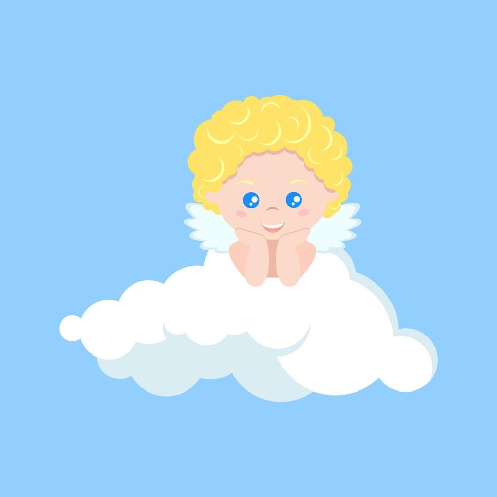 Vector isolated cute cupid boy dreaming on clouds in flat cartoon style.