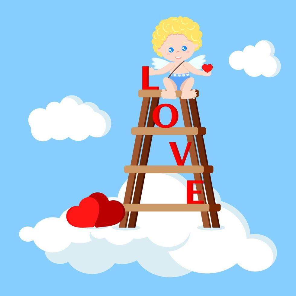 Vector cute cupid boy sitting on the stairs with heart