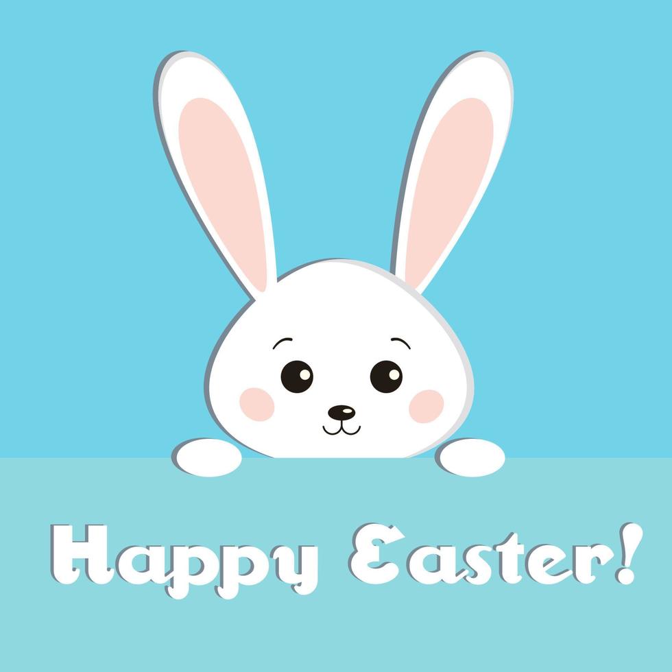 Greeting card with sweet white Easter looks out rabbit on blue background. vector