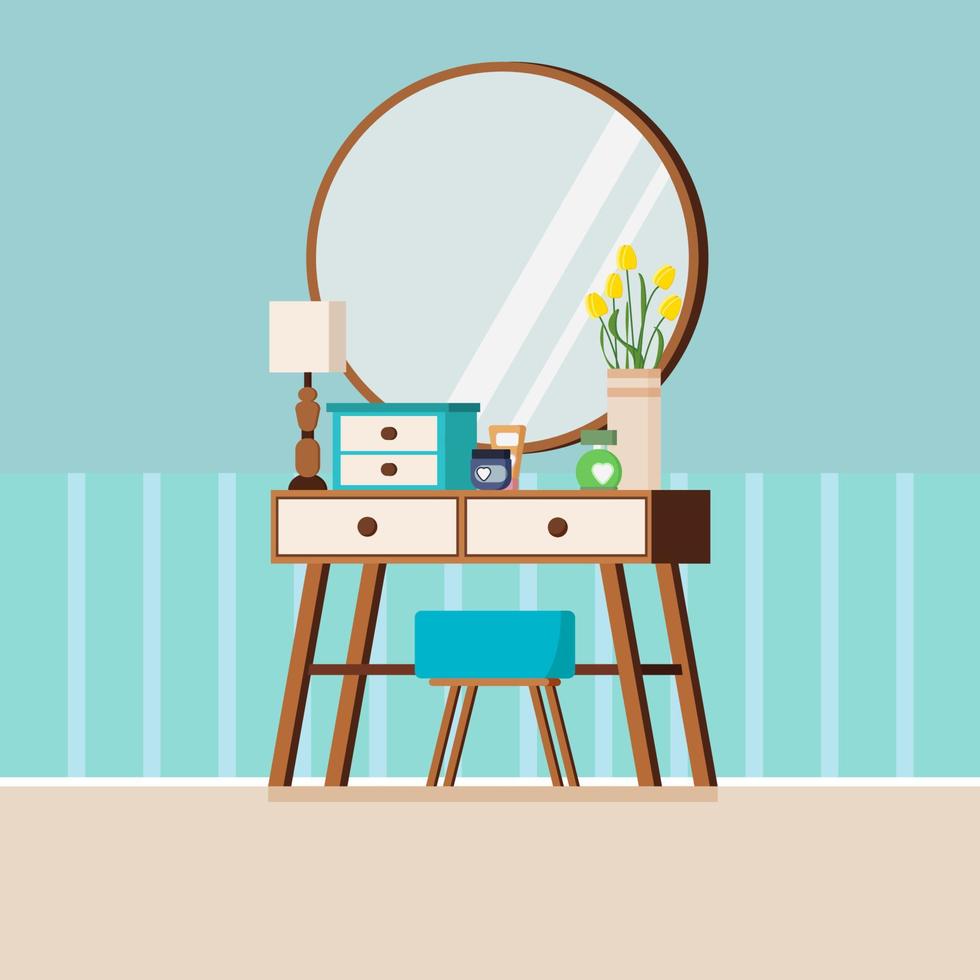 Vintage woman wood dressing table with mirror, chair, lamp, vase, box and cosmetics. vector