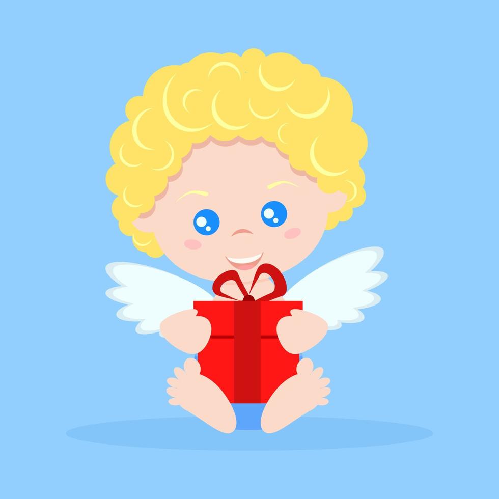 Isolated cute cupid boy in cartoon flat style in sitting pose with red gift. vector