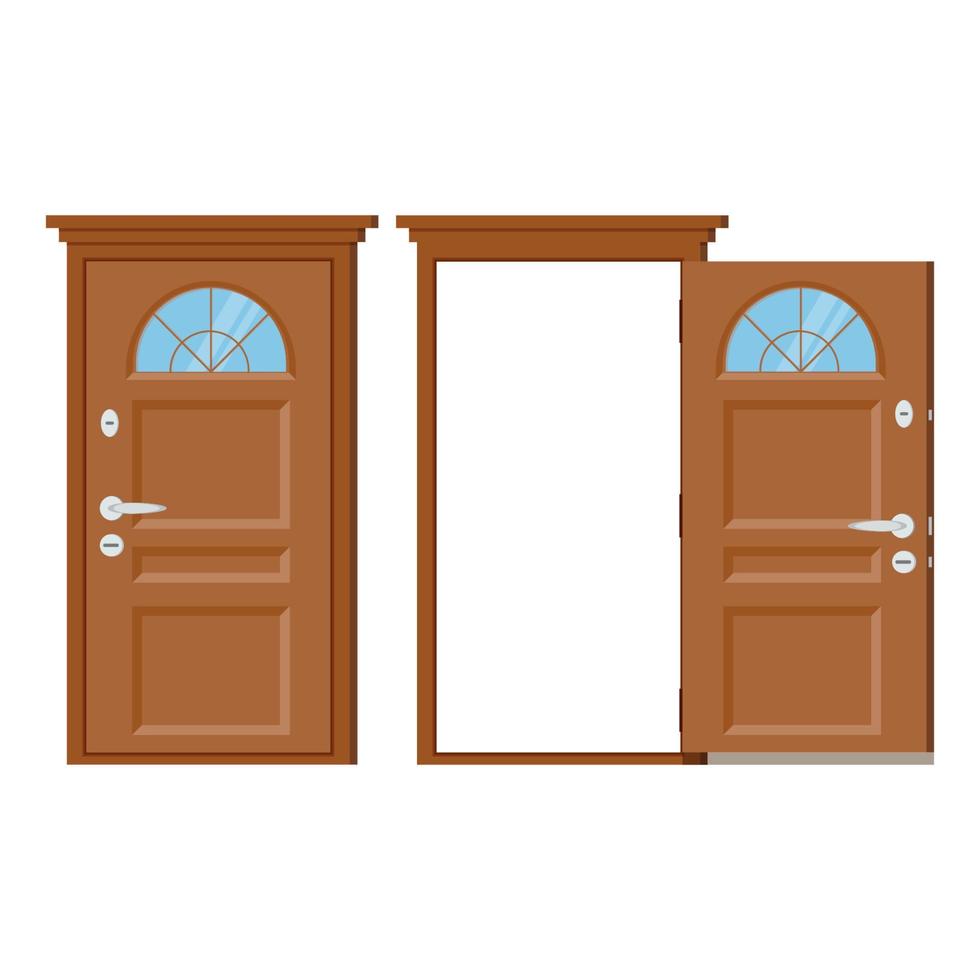 Wooden closed and open entrance door with frame. vector