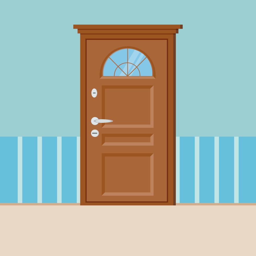 Wooden closed door with frame isolated on wall. vector