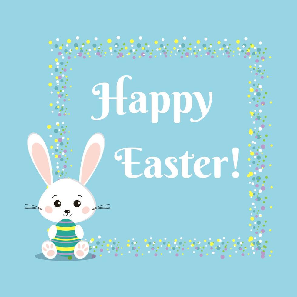 Greeting card with sweet white easter bunny rabbit with color easter egg. vector