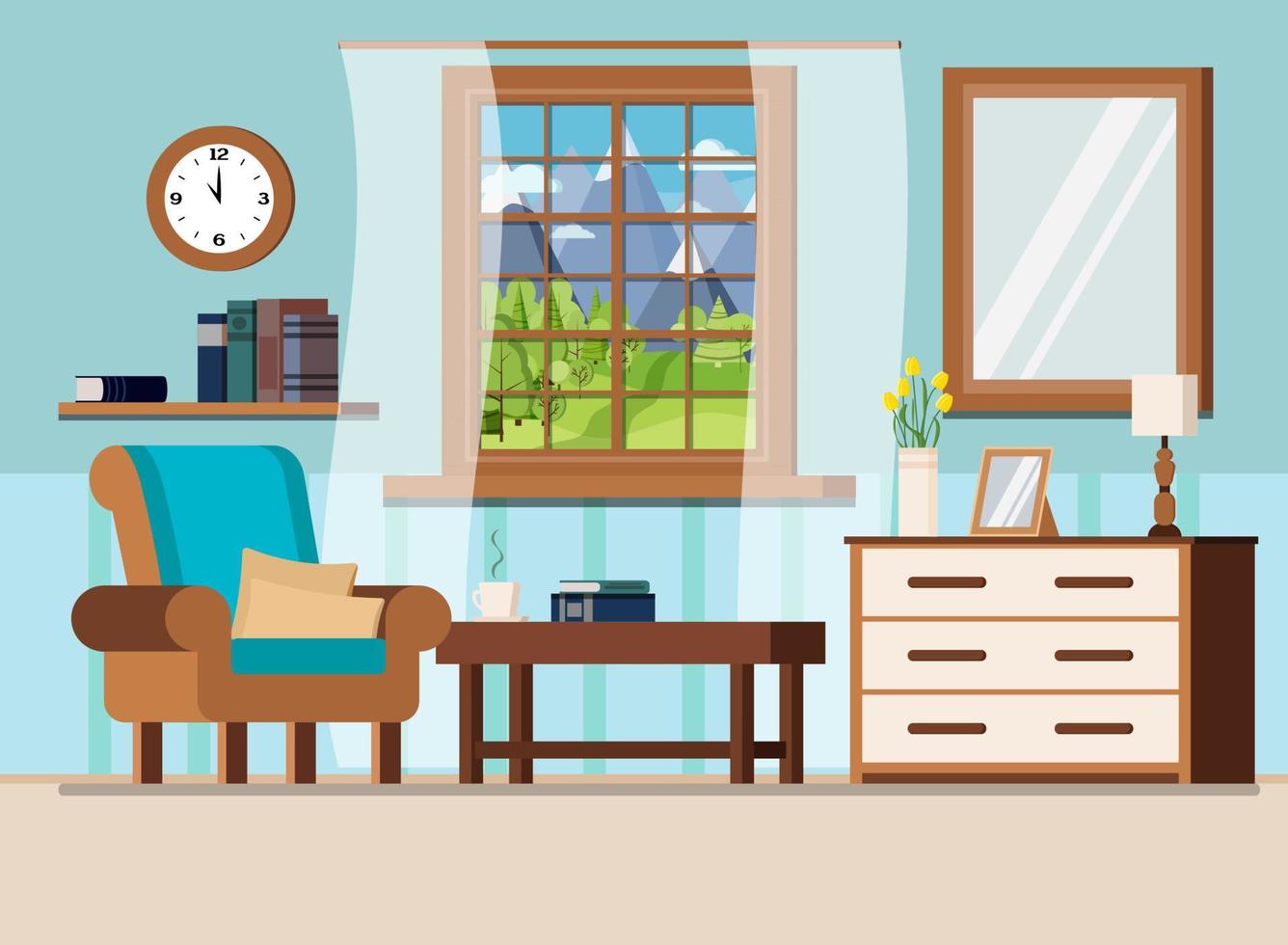 Cozy home interior background with window summer mountains landscape. vector