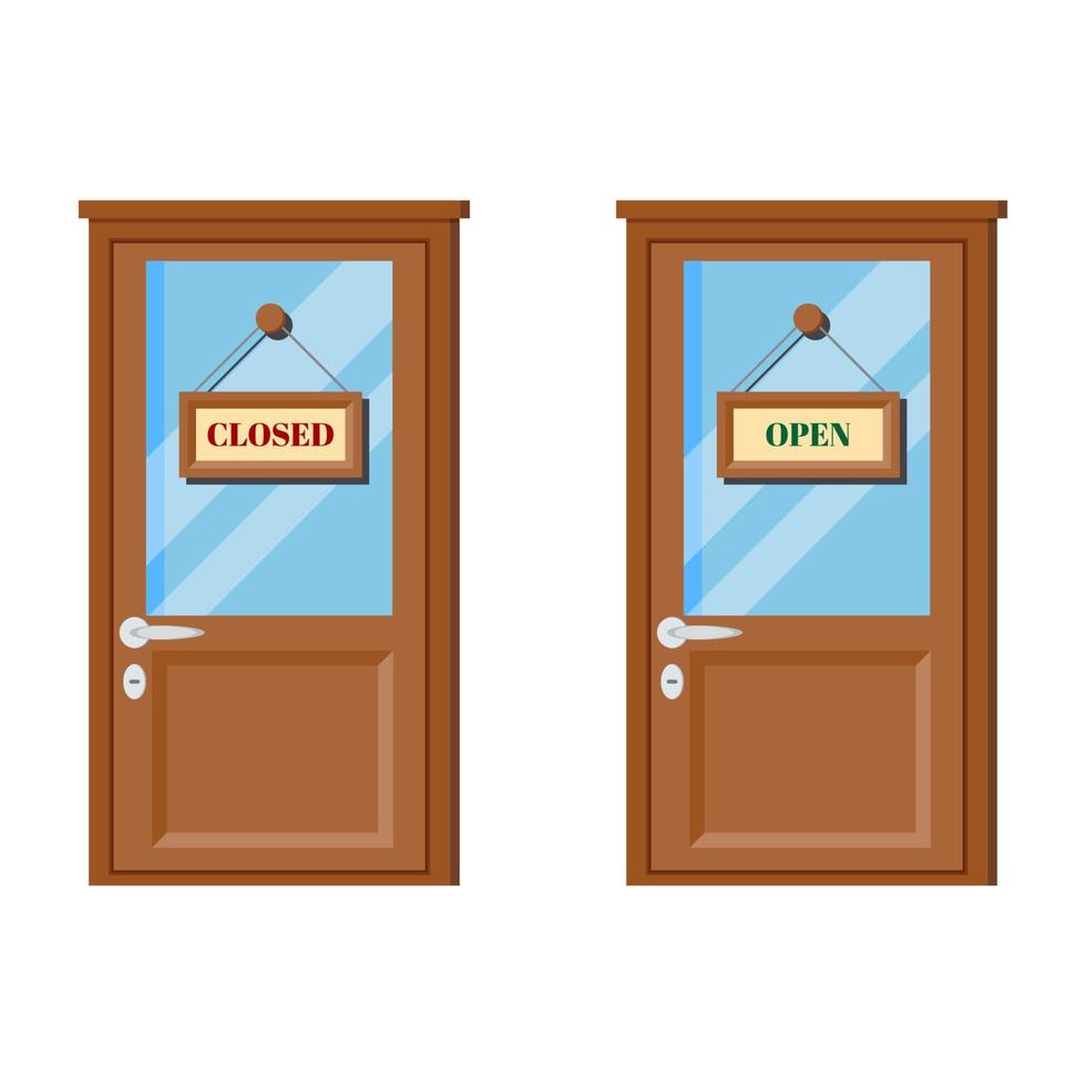 Set of wooden doors with glass, door handle, open and closed business signs. vector