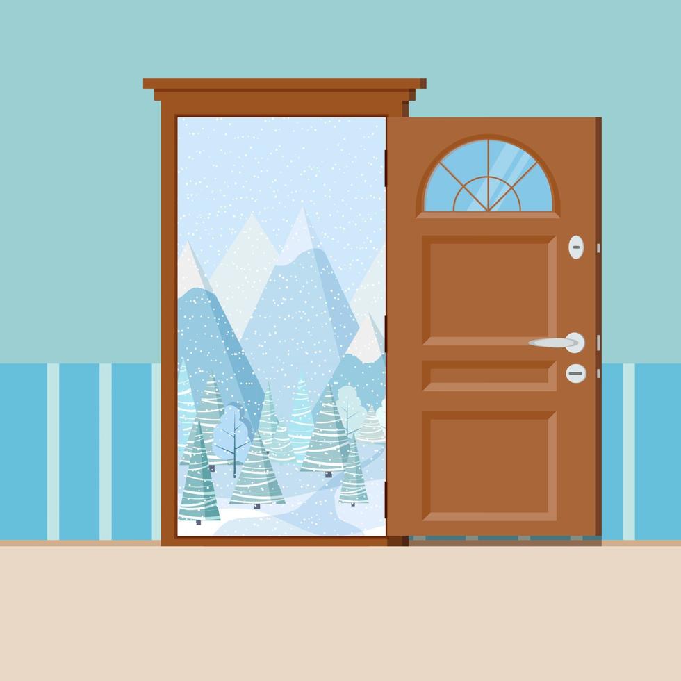 Wooden open door with frame in cartoon flat style. vector