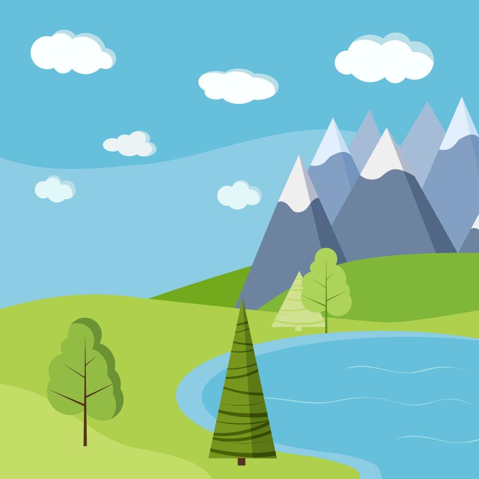 Beautiful summer or spring lake landscape background with mountains. vector