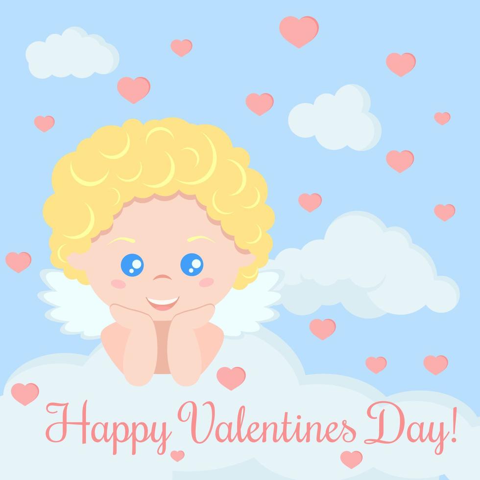 tarjeta de felicitación con un lindo niño cupido romántico acostado en una nube vector