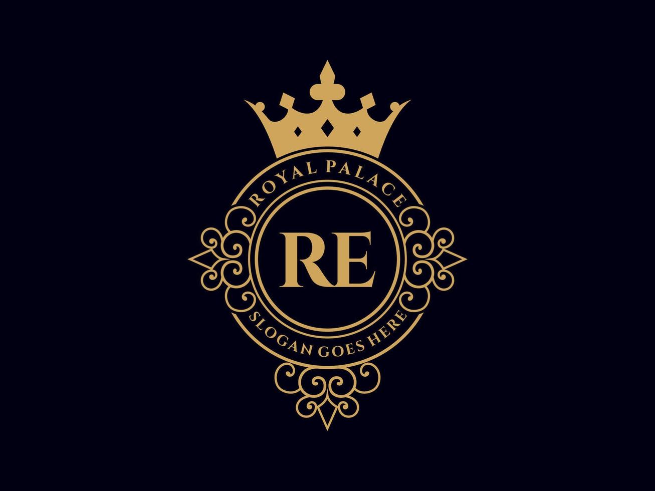 Letter RE Antique royal luxury victorian logo with ornamental frame. vector