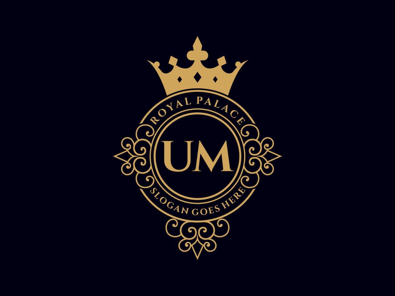 Letter UM Antique royal luxury victorian logo with ornamental frame. vector