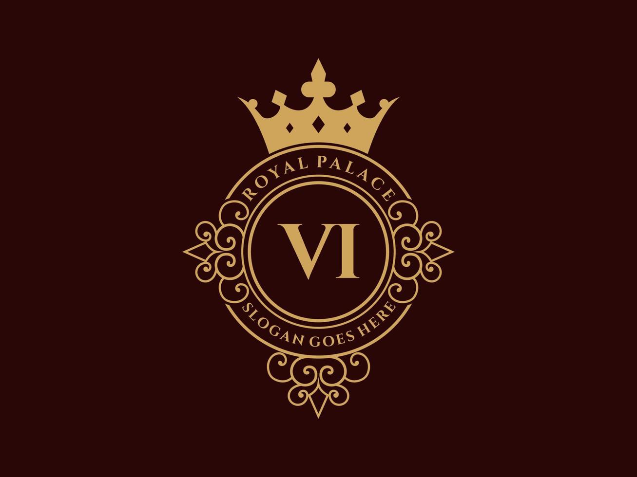 Letter VI Antique royal luxury victorian logo with ornamental frame. vector