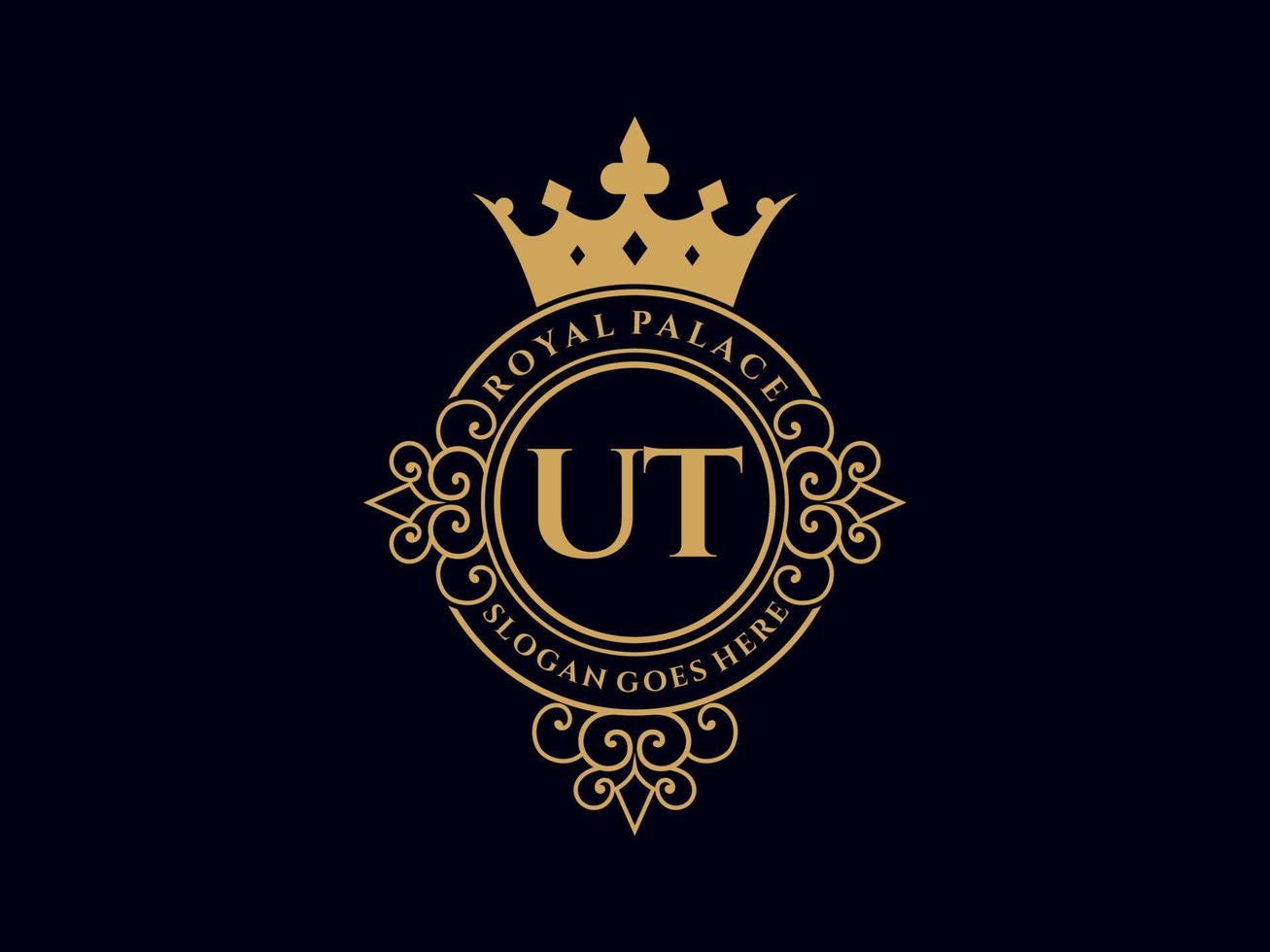 Letter UT Antique royal luxury victorian logo with ornamental frame. vector