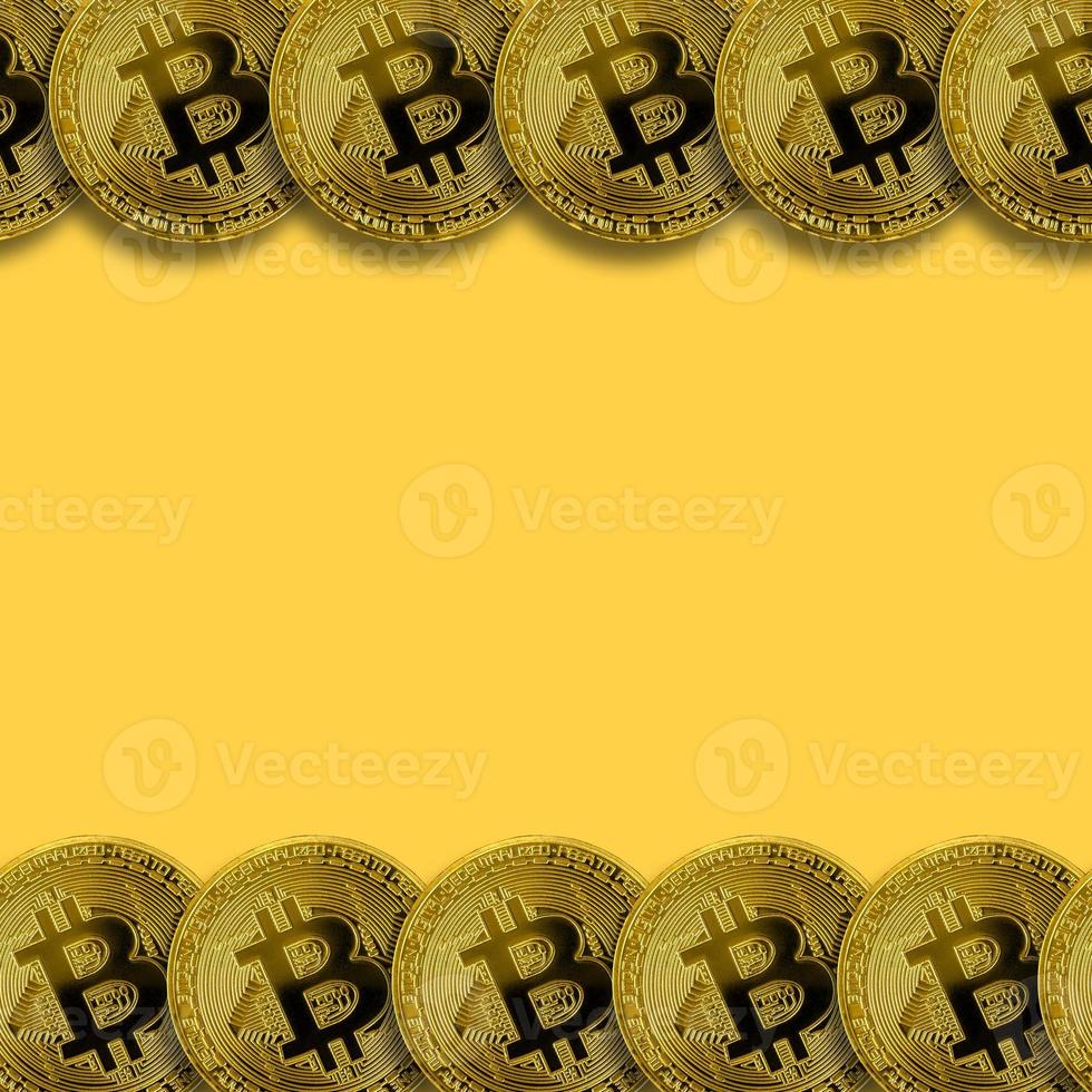Many golden bitcoins with copy space. Cryptocurrency mining concept photo
