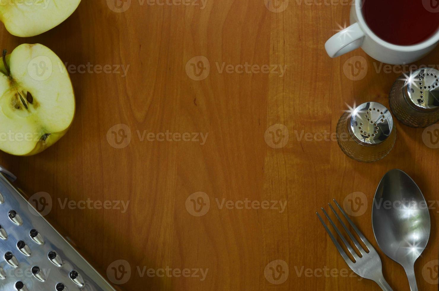 Kitchen appliances on wood background with space for text photo