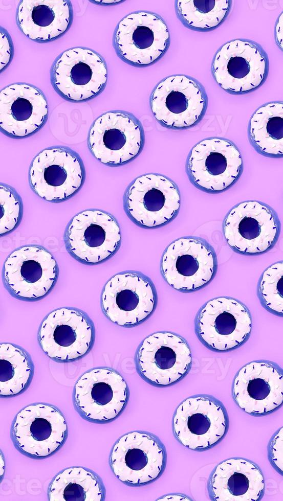 Many small plastic donuts lies on a pastel colorful background. Flat lay minimal pattern. Top view photo