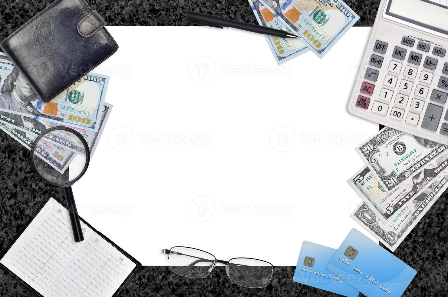 Office flat lay composition with calculator, address book and other office items on brown wooden table background with top view. Accountant paperwork photo