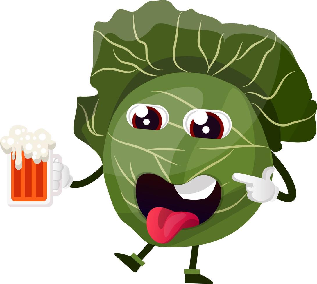 Cabbage with a beer glass, illustration, vector on white background.