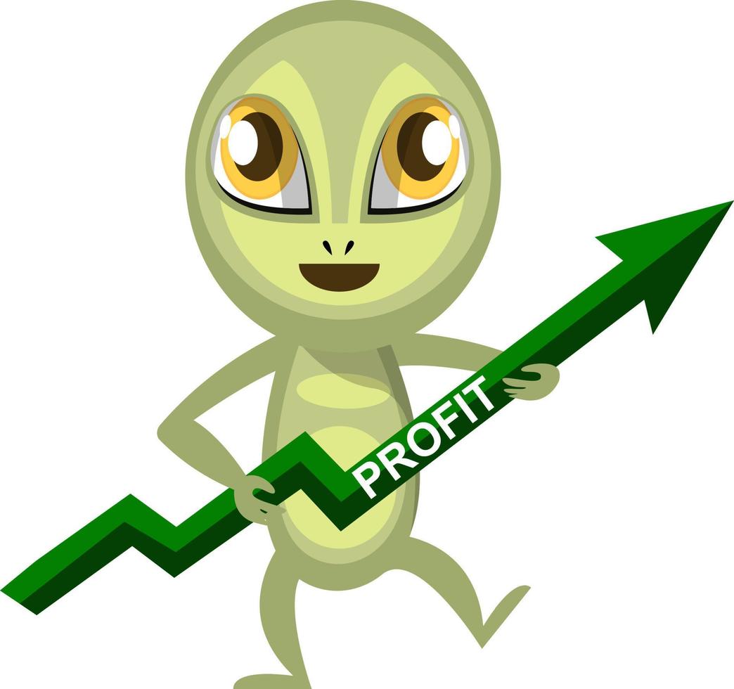 Alien con flecha de beneficio, ilustración, vector sobre fondo blanco.