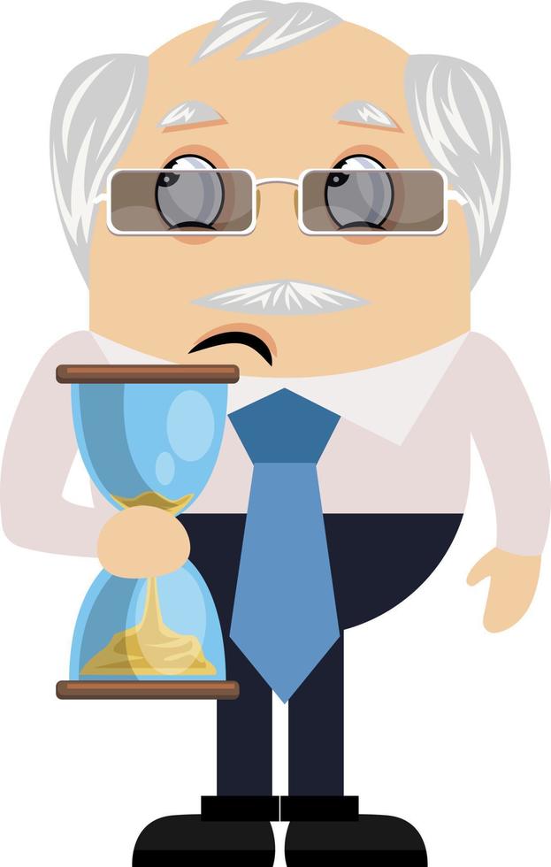 Old man holding sand watch, illustration, vector on white background.
