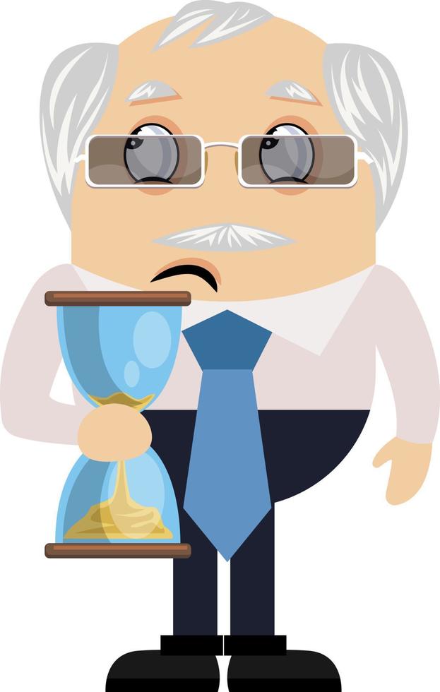 Viejo sosteniendo reloj de arena, ilustración, vector sobre fondo blanco.