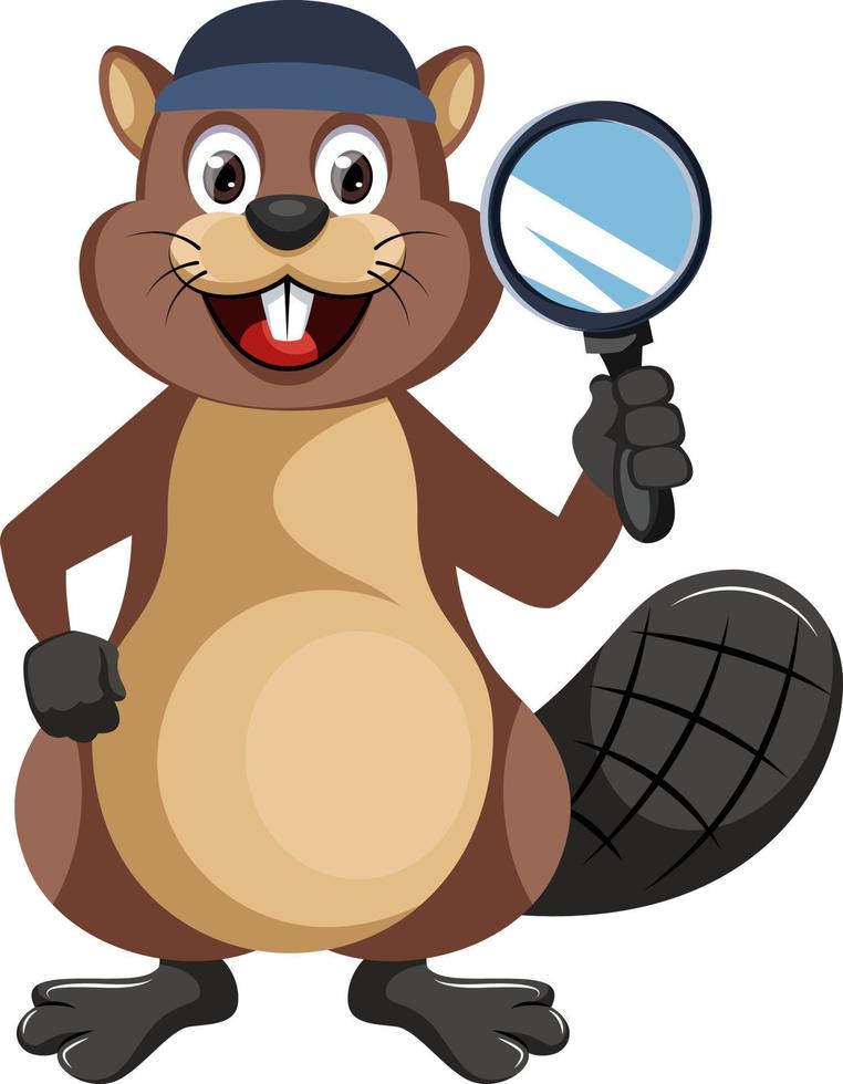 Beaver with magnifying glass, illustration, vector on white background.