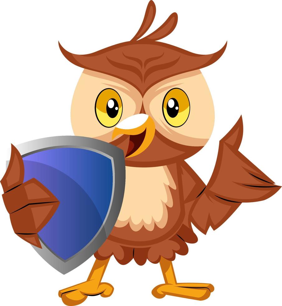 Owl with blue shild, illustration, vector on white background.