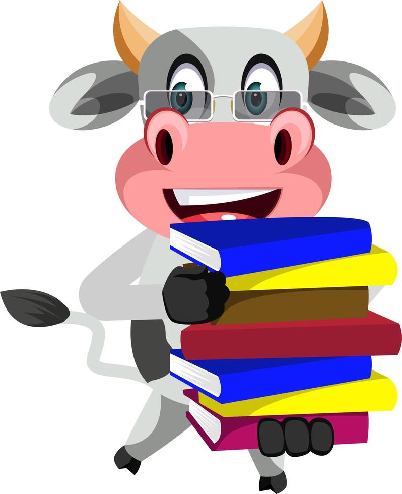 vaca con libros, ilustración, vector sobre fondo blanco.