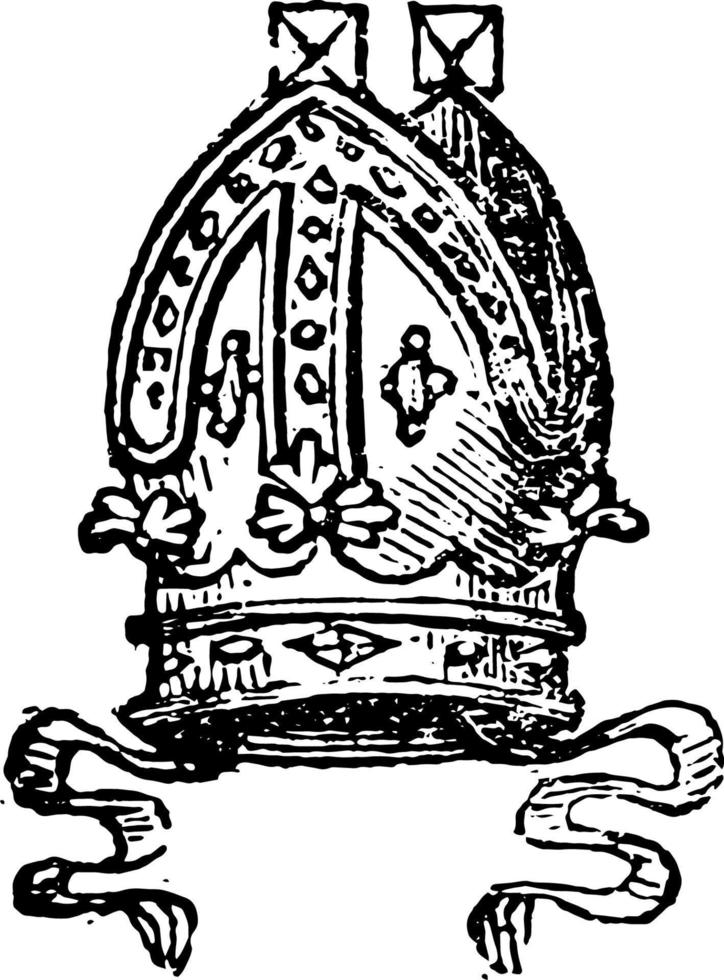 Mitre are worn by Roman Catholic archbishops, vintage engraving. vector