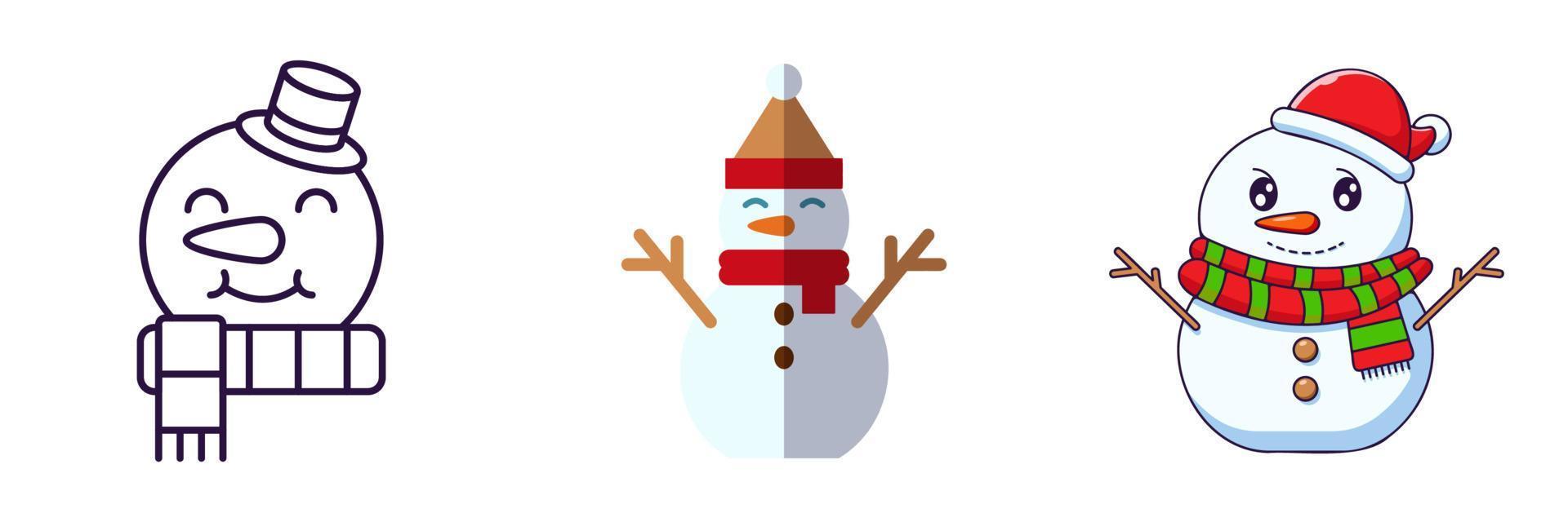 Merry Christmas and Happy New Year concept. Collection of icon of snowman in line, flat and cartoon styles for web sites, adverts, articles, shops, stores vector