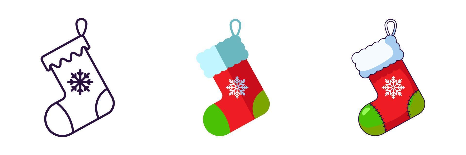 Merry Christmas and Happy New Year concept. Collection of icon of Christmas sock in line, flat and cartoon styles for web sites, adverts, articles, shops, stores vector