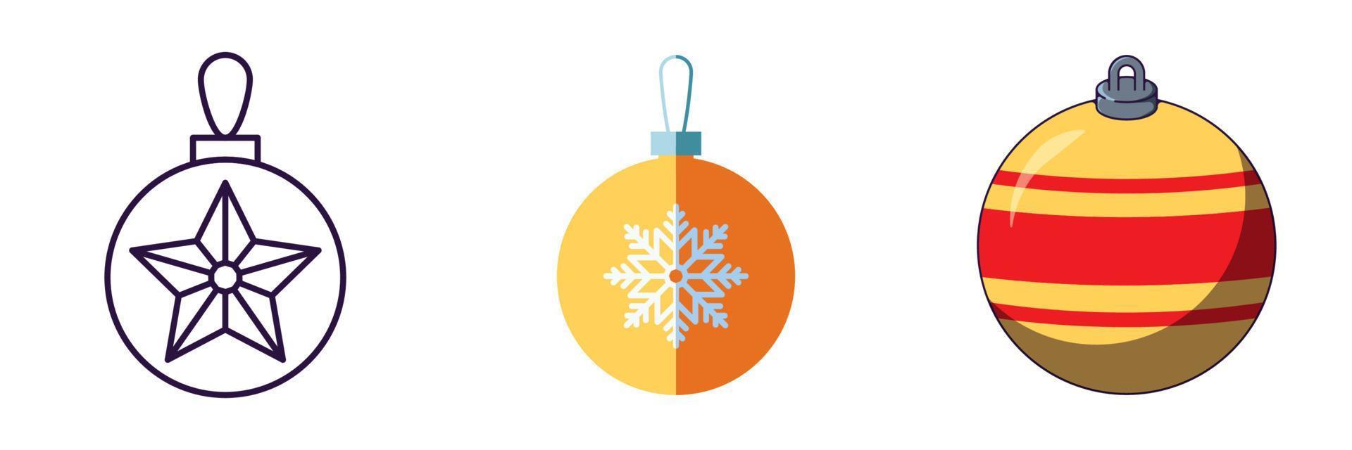 Merry Christmas and Happy New Year concept. Collection of icon of Christmas bauble in line, flat and cartoon styles for web sites, adverts, articles, shops, stores vector