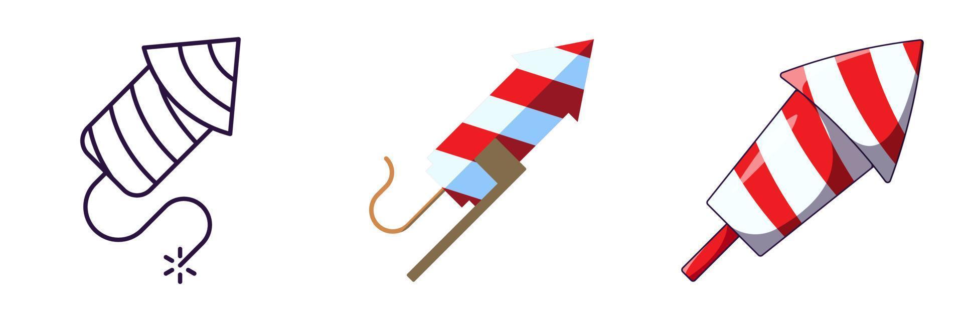 Merry Christmas and Happy New Year concept. Collection of icon of firecracker in line, flat and cartoon styles for web sites, adverts, articles, shops, stores vector