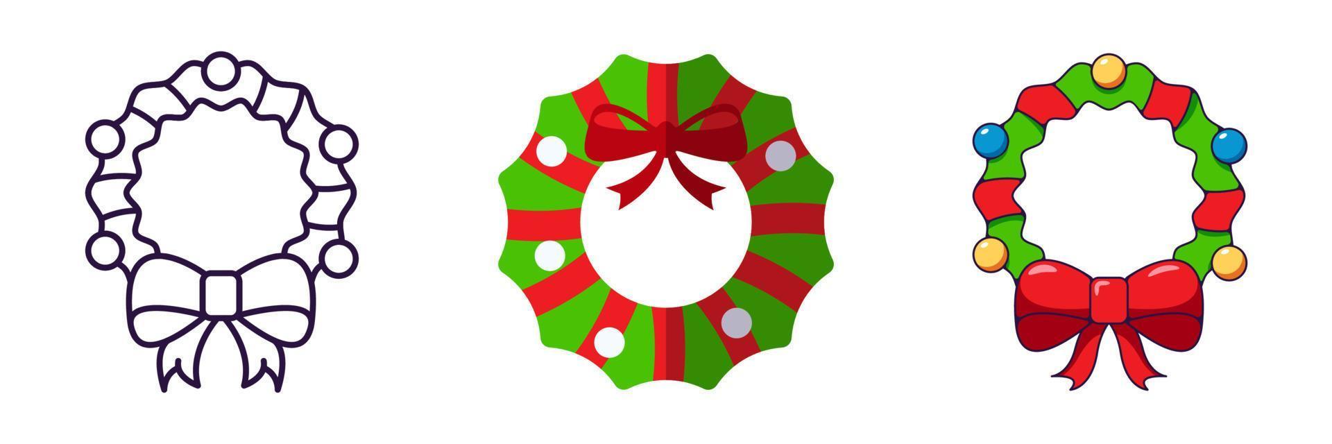 Merry Christmas and Happy New Year concept. Collection of icon of Christmas wreath in line, flat and cartoon styles for web sites, adverts, articles, shops, stores vector