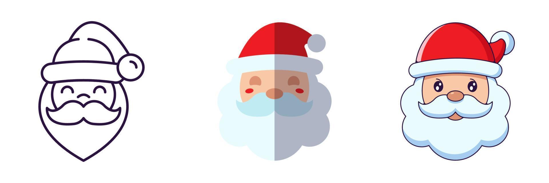 feliz navidad y feliz año nuevo concepto. colección de iconos de santa claus en línea, planos y estilos de dibujos animados para sitios web, anuncios, artículos, tiendas, tiendas vector