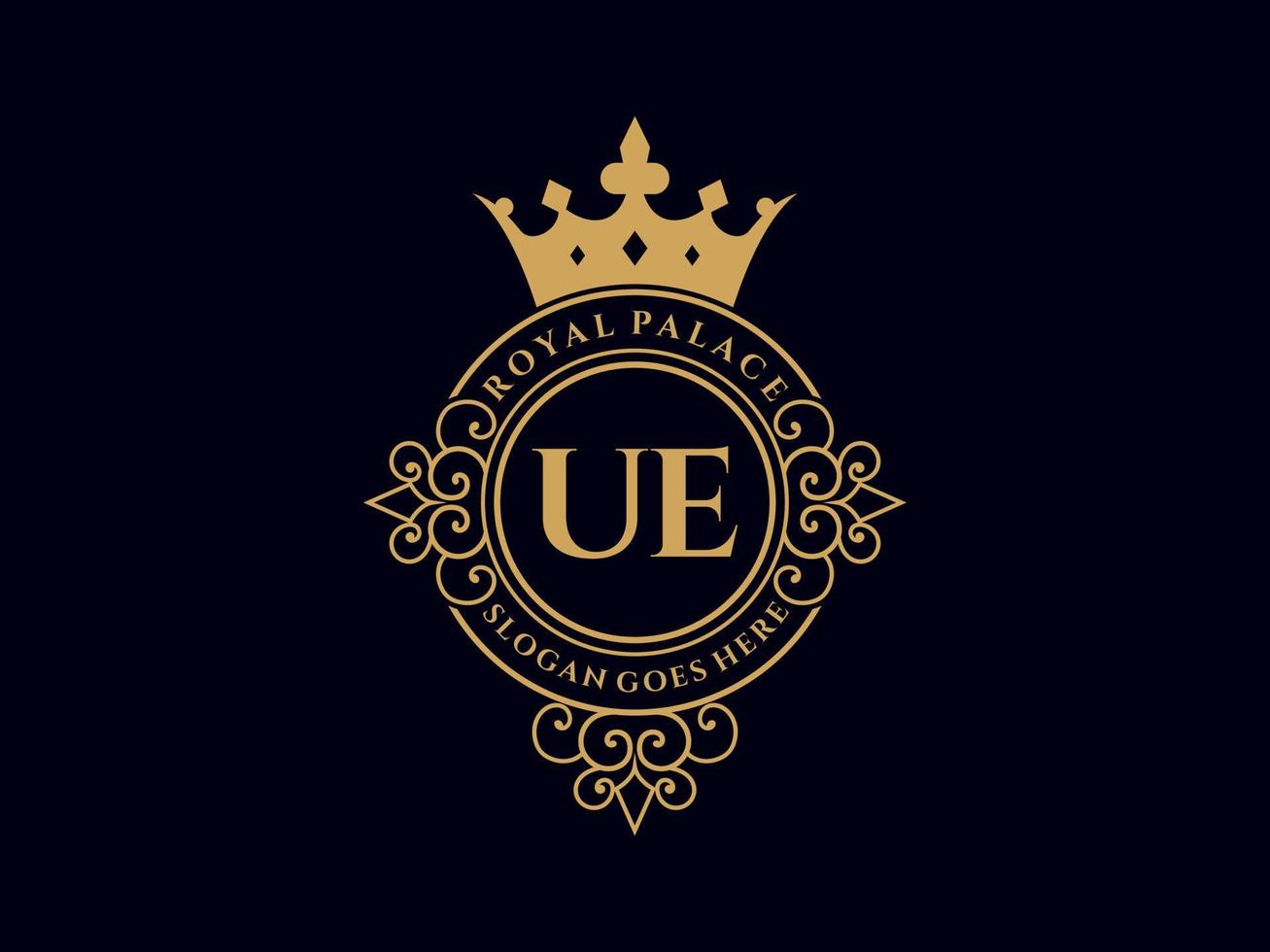 Letter UE Antique royal luxury victorian logo with ornamental frame. vector