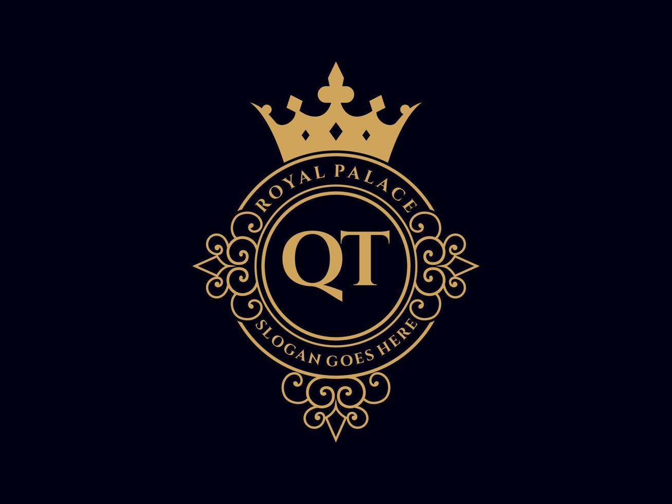 Letter QT Antique royal luxury victorian logo with ornamental frame. vector