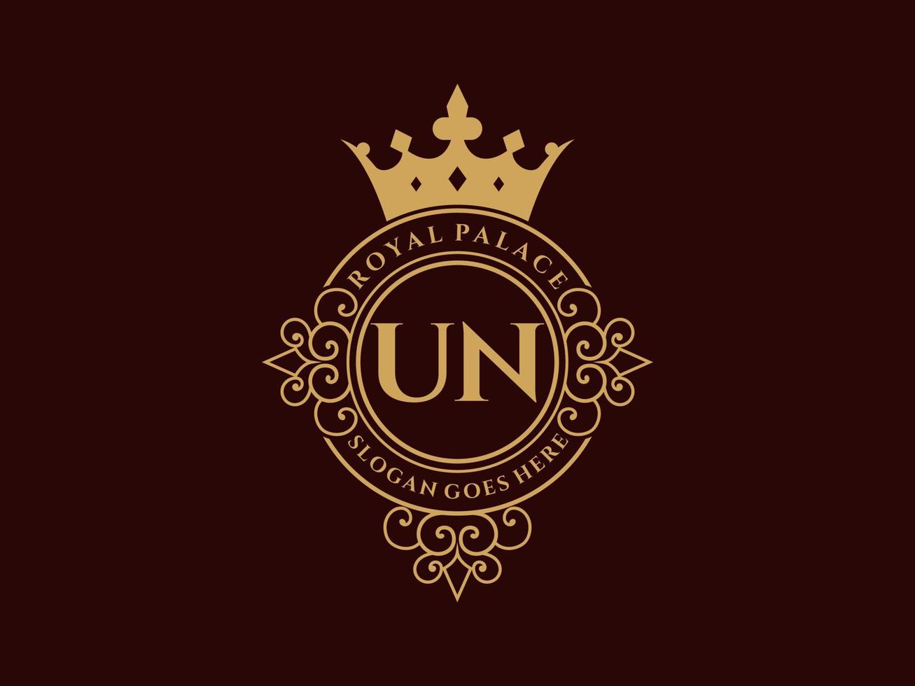 Letter UN Antique royal luxury victorian logo with ornamental frame. vector