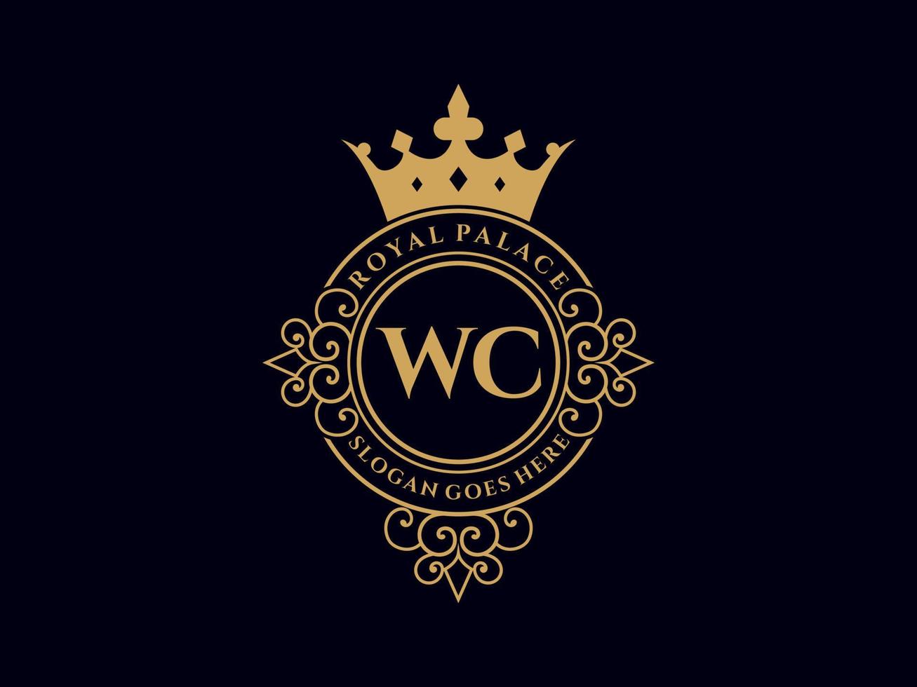 Letter WC Antique royal luxury victorian logo with ornamental frame. vector