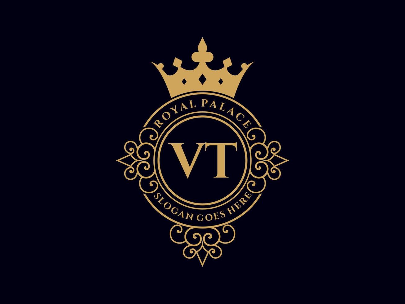 Letter VT Antique royal luxury victorian logo with ornamental frame. vector