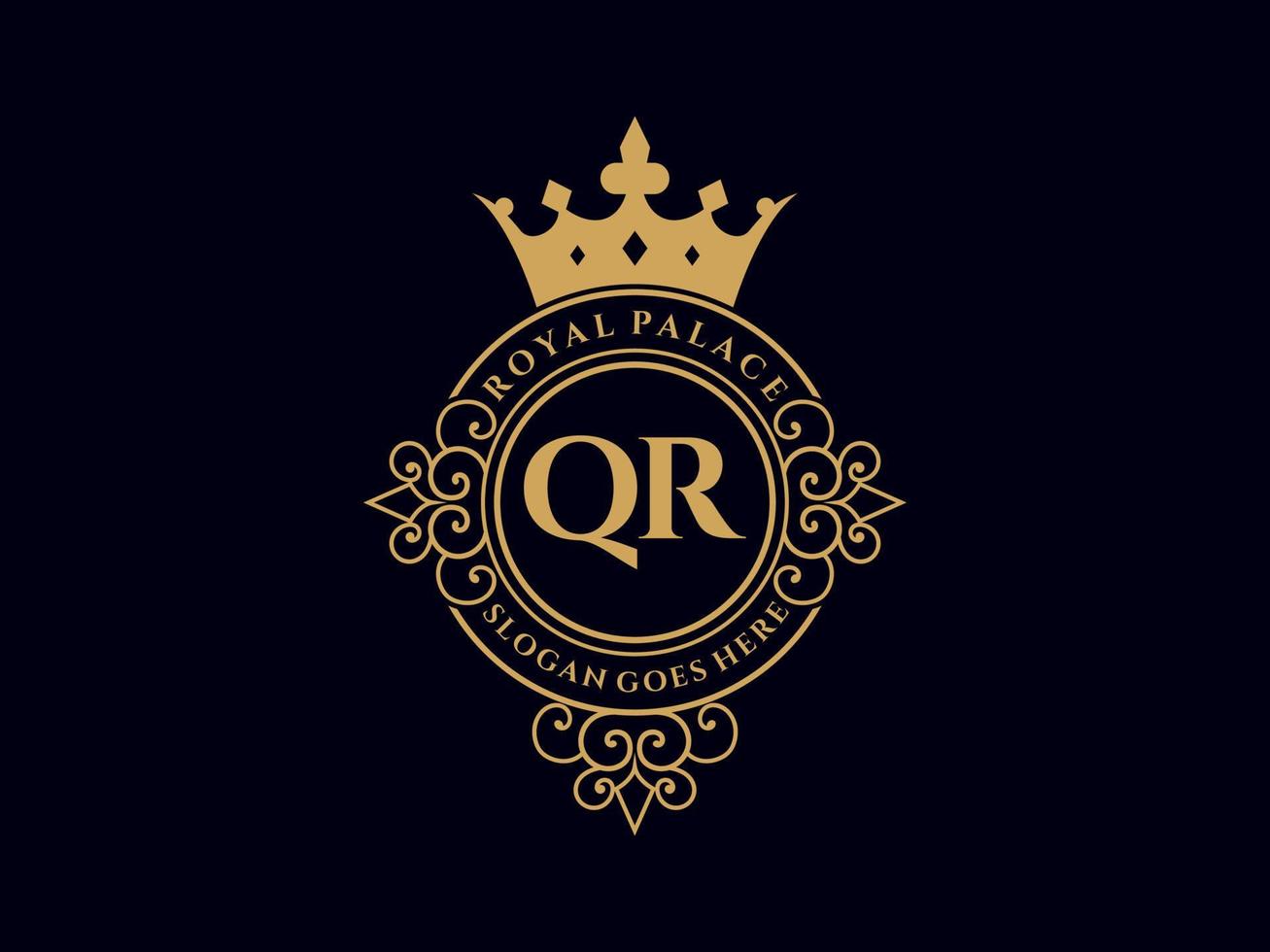 Letter QR Antique royal luxury victorian logo with ornamental frame. vector