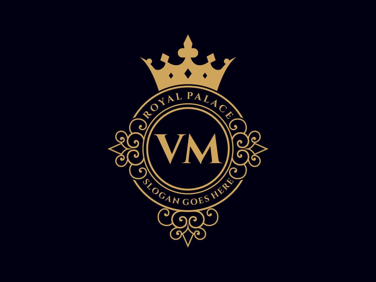Letter VM Antique royal luxury victorian logo with ornamental frame. vector