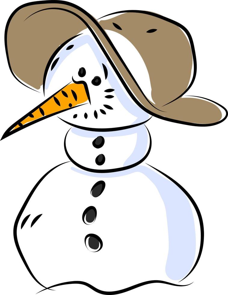 Muñeco de nieve con sombrero, ilustración, vector sobre fondo blanco.