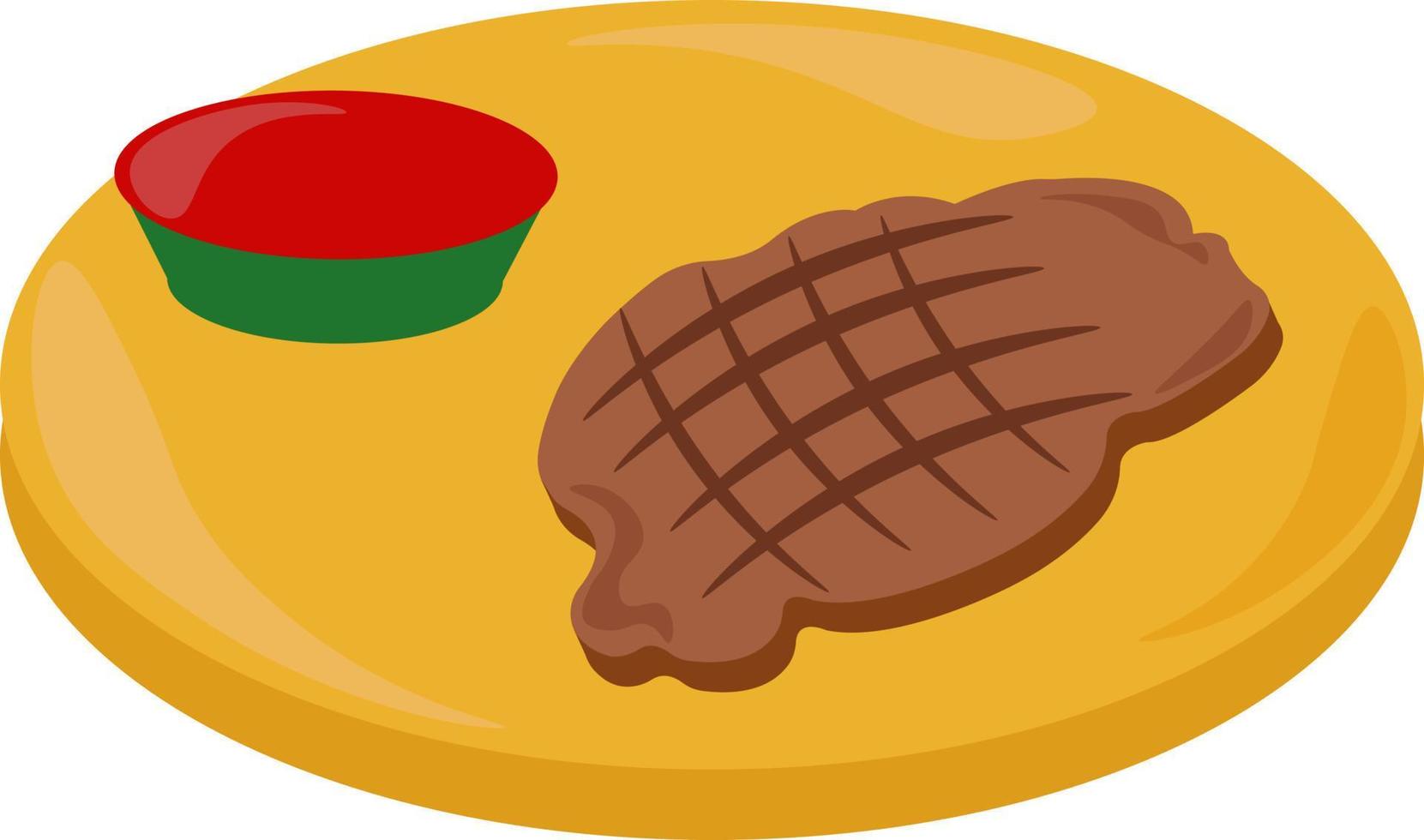 Steak on plate, illustration, vector on white background.