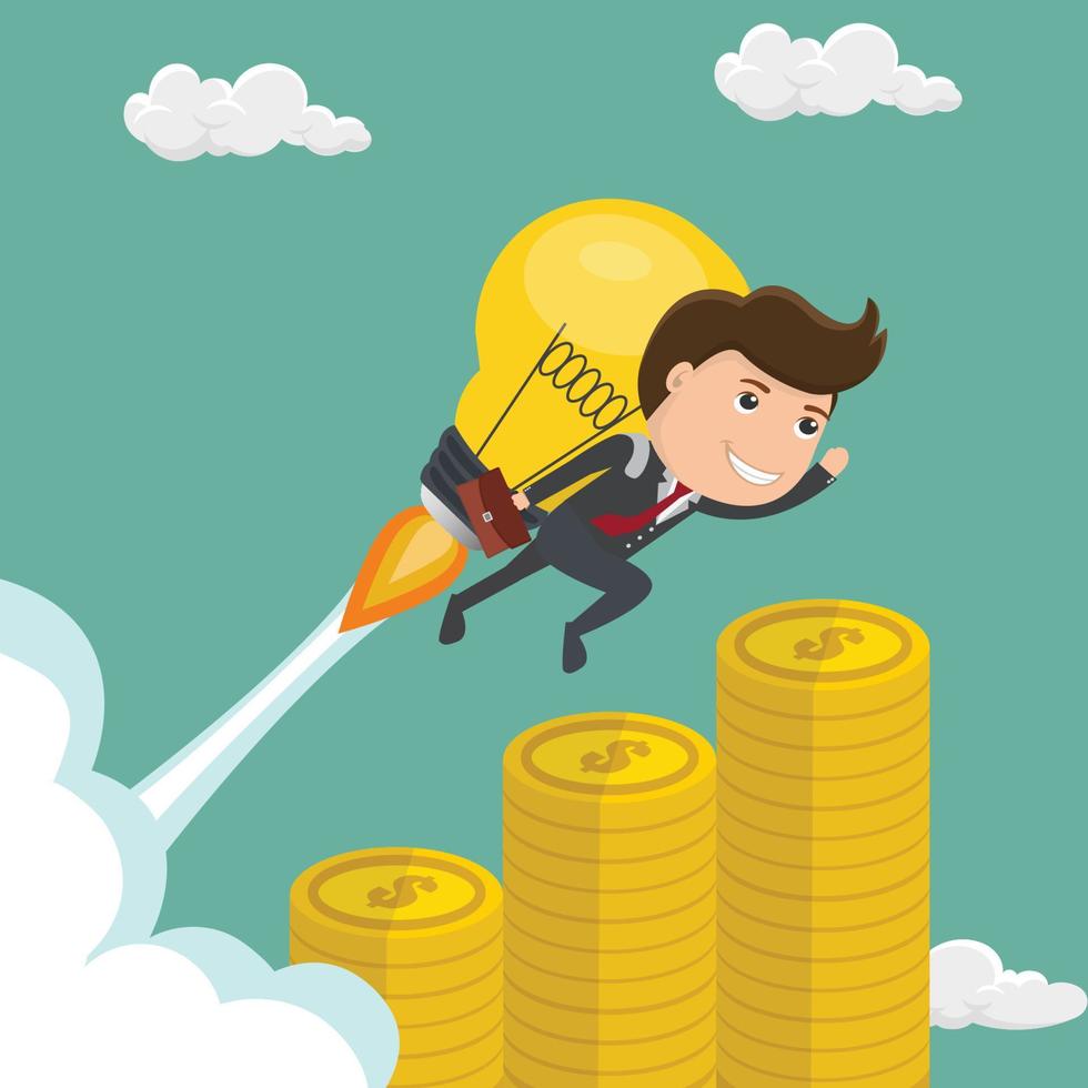 Business man with an idea , Businessman on a moving light bulb idea rocket - vector illustration