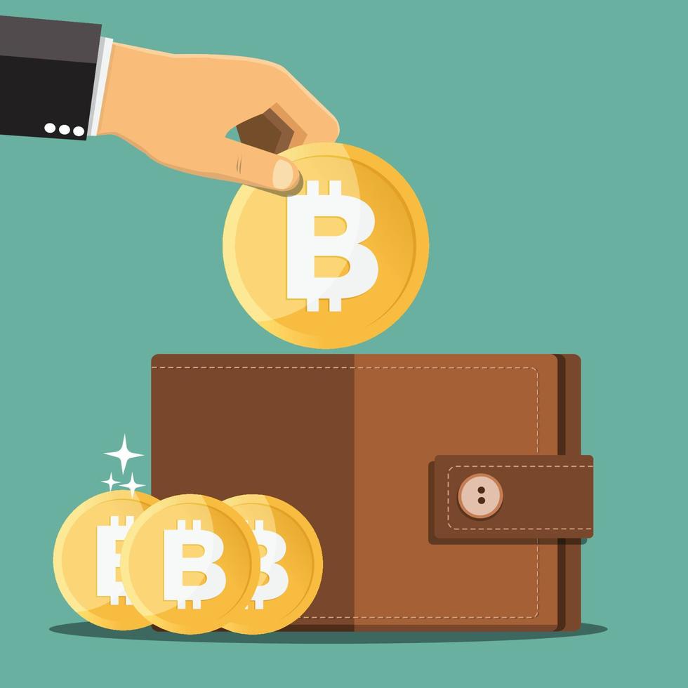 Business hands putting bitcoin into wallet - Vector illustration.