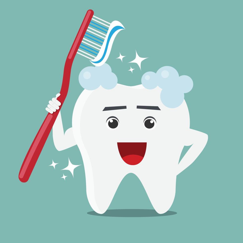 Cartoon tooth with a toothbrush and toothpaste. Brushing teeth. vector